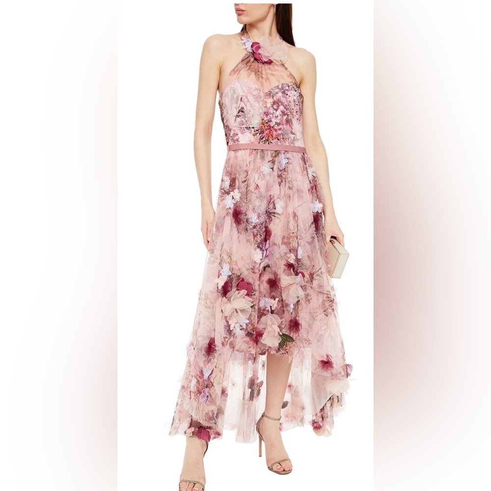 MARCHESA NOTTE
Floral-appliquéd gathered floral-print tulle gown